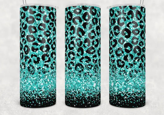 Teal sparkly leopard Tumbler